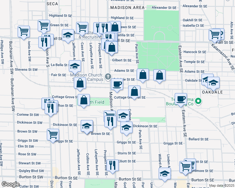 map of restaurants, bars, coffee shops, grocery stores, and more near 1530 Madison Avenue Southeast in Grand Rapids