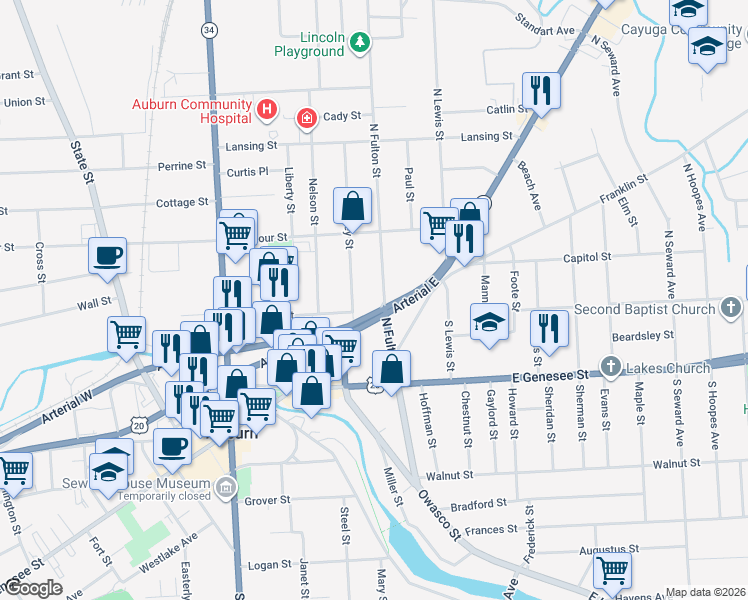 map of restaurants, bars, coffee shops, grocery stores, and more near 29 North Fulton Street in Auburn