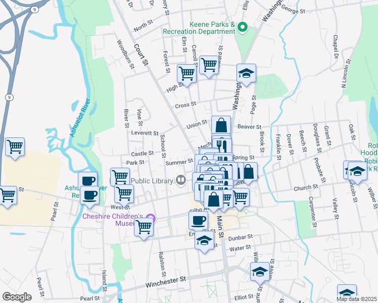 map of restaurants, bars, coffee shops, grocery stores, and more near 70 Court Street in Keene