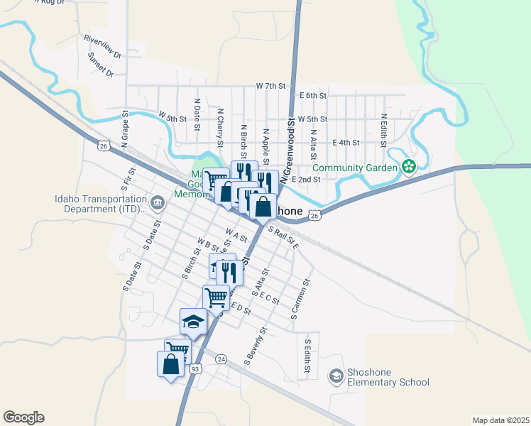 map of restaurants, bars, coffee shops, grocery stores, and more near 113 North Rail Street West in Shoshone