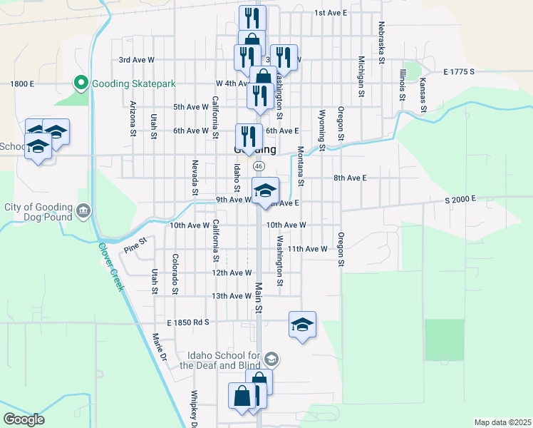 map of restaurants, bars, coffee shops, grocery stores, and more near 906 Main Street in Gooding