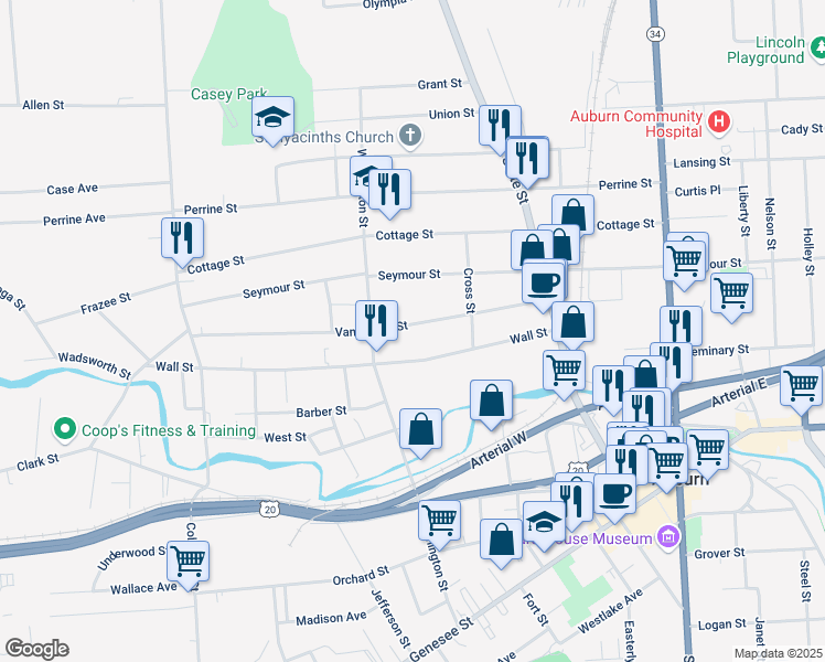 map of restaurants, bars, coffee shops, grocery stores, and more near 118 Van Anden Street in Auburn