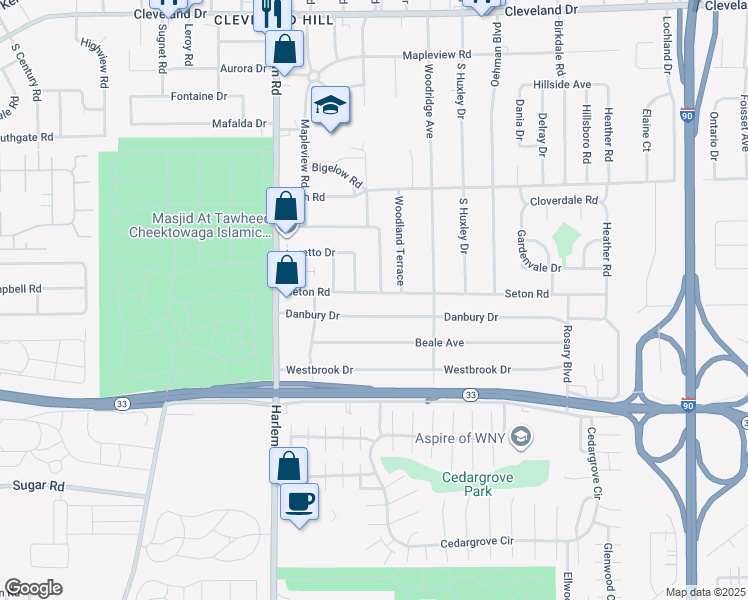 map of restaurants, bars, coffee shops, grocery stores, and more near 91 Seton Road in Buffalo