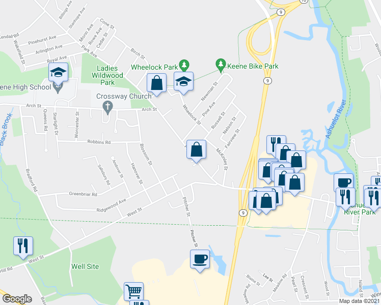 map of restaurants, bars, coffee shops, grocery stores, and more near 33 Park Avenue in Keene