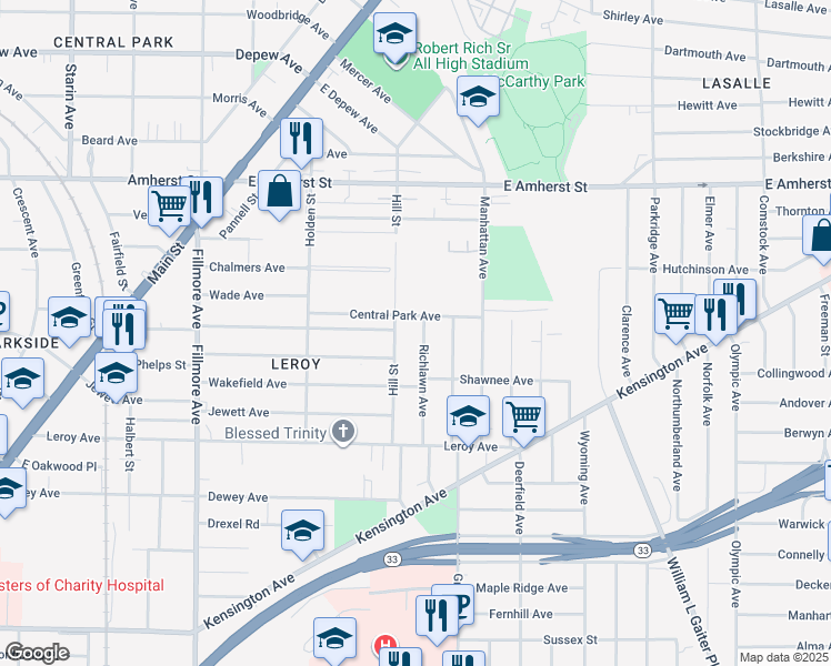 map of restaurants, bars, coffee shops, grocery stores, and more near 114 Richlawn Avenue in Buffalo