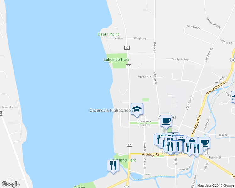 map of restaurants, bars, coffee shops, grocery stores, and more near 5 East Shore Path in Cazenovia