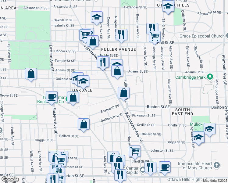 map of restaurants, bars, coffee shops, grocery stores, and more near 1505 Kalamazoo Avenue Southeast in Grand Rapids
