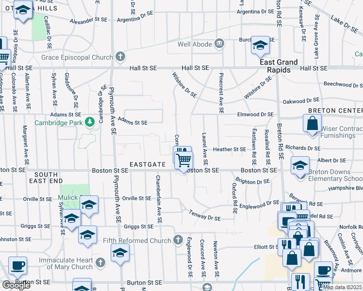 map of restaurants, bars, coffee shops, grocery stores, and more near 1506 Cornell Drive Southeast in Grand Rapids