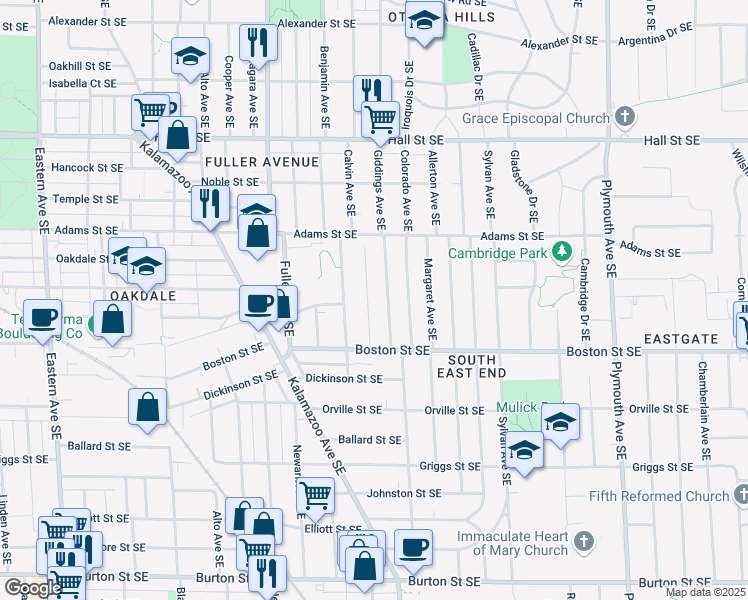 map of restaurants, bars, coffee shops, grocery stores, and more near 1510 Edward Ave SE in Grand Rapids