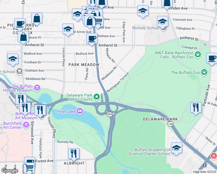 map of restaurants, bars, coffee shops, grocery stores, and more near 91 Nottingham Terrace in Buffalo