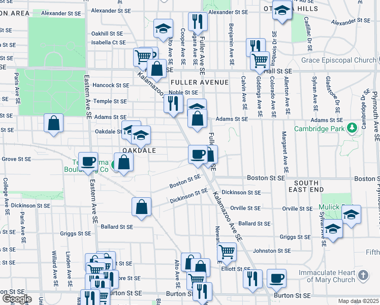 map of restaurants, bars, coffee shops, grocery stores, and more near 1505 Kalamazoo Avenue Southeast in Grand Rapids