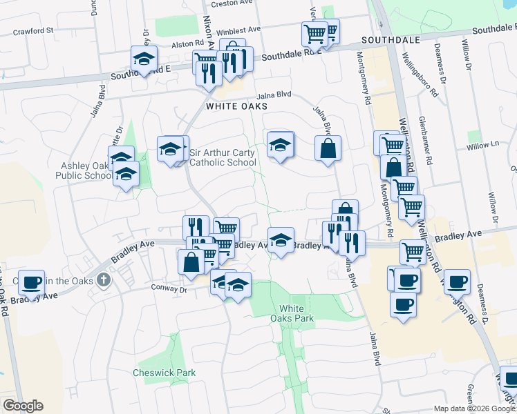 map of restaurants, bars, coffee shops, grocery stores, and more near 114 Patience Crescent in London