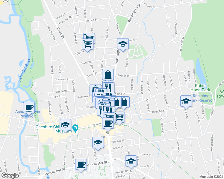 map of restaurants, bars, coffee shops, grocery stores, and more near 64 Washington Street in Keene