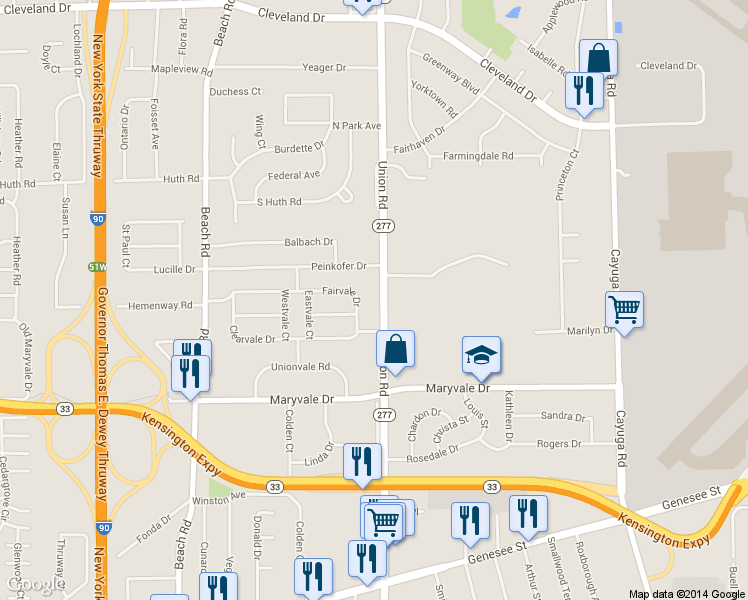 map of restaurants, bars, coffee shops, grocery stores, and more near 4476 Union Road in Buffalo