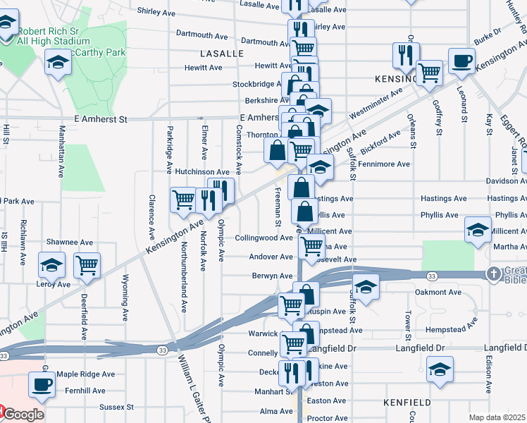 map of restaurants, bars, coffee shops, grocery stores, and more near 39 Copsewood Avenue in Buffalo