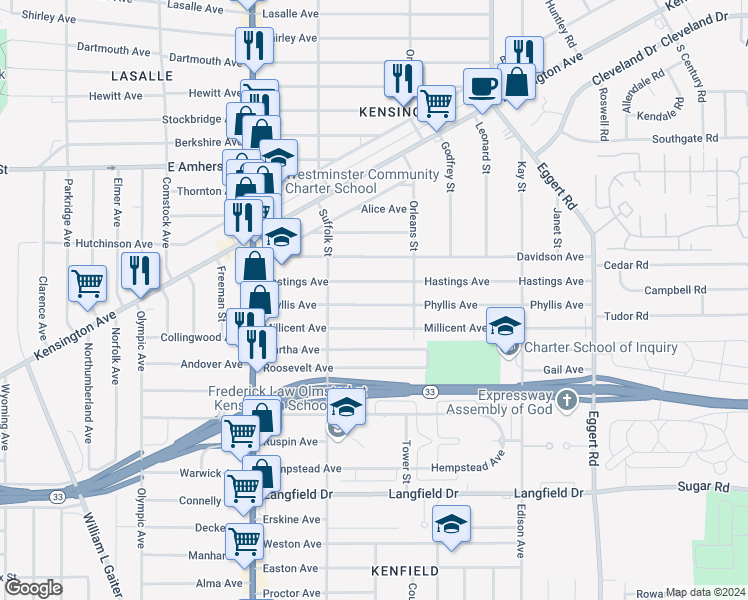 map of restaurants, bars, coffee shops, grocery stores, and more near 136 Phyllis Avenue in Buffalo