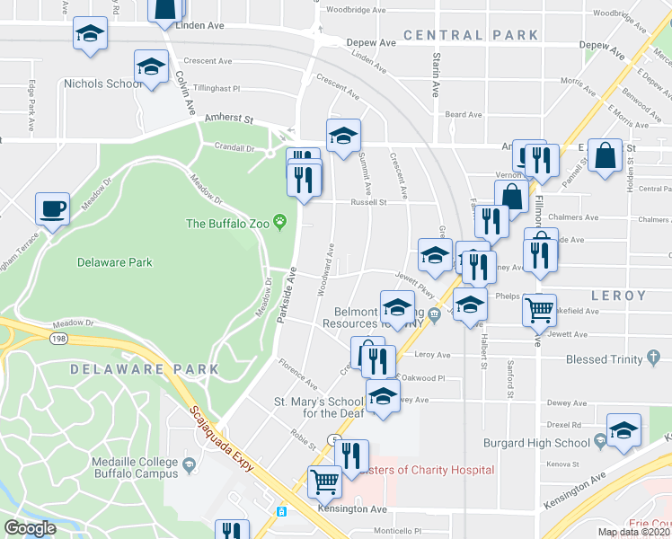 map of restaurants, bars, coffee shops, grocery stores, and more near 147 Jewett Parkway in Buffalo