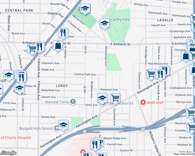 map of restaurants, bars, coffee shops, grocery stores, and more near 116 Marigold Avenue in Buffalo
