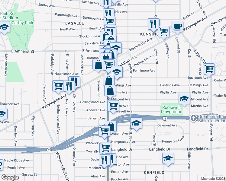 map of restaurants, bars, coffee shops, grocery stores, and more near 14 Phyllis Avenue in Buffalo