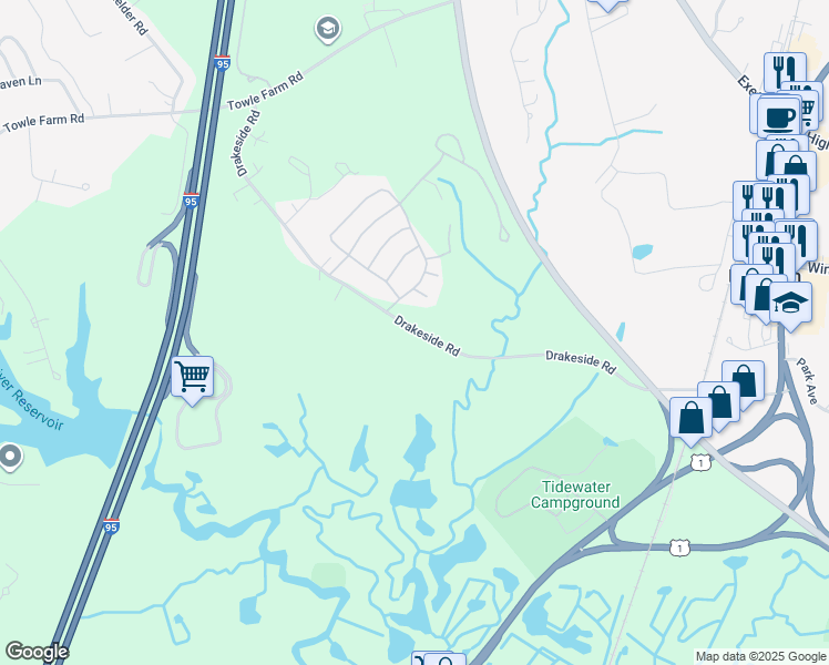 map of restaurants, bars, coffee shops, grocery stores, and more near 42-172 Drakeside Rd in Hampton