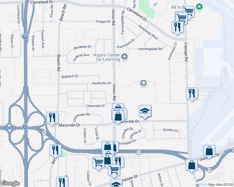 map of restaurants, bars, coffee shops, grocery stores, and more near 4476 Union Road in Buffalo
