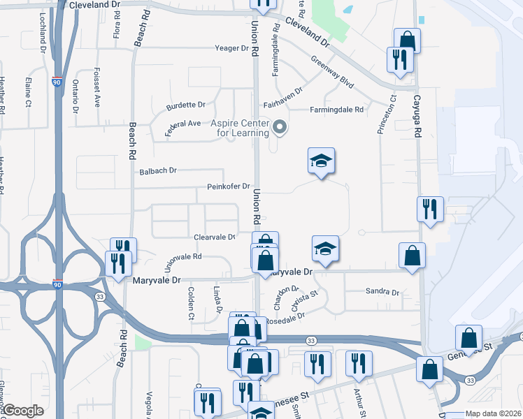 map of restaurants, bars, coffee shops, grocery stores, and more near 4476 Union Road in Buffalo