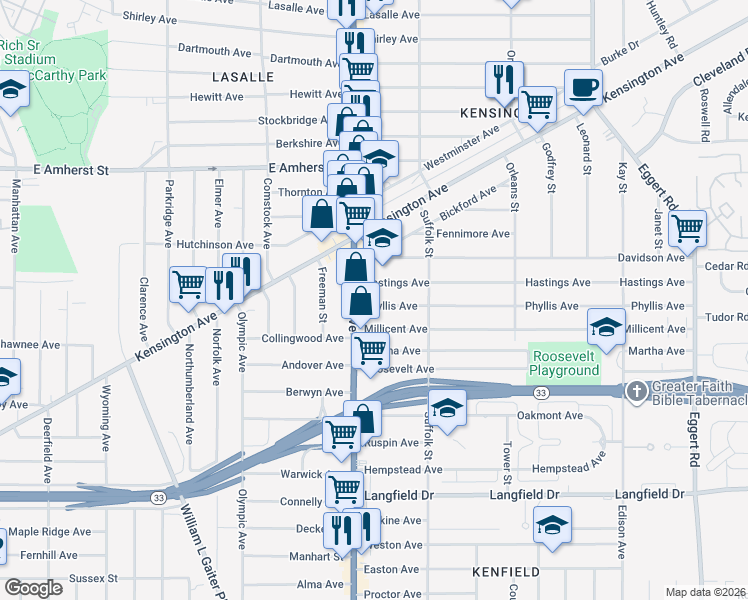 map of restaurants, bars, coffee shops, grocery stores, and more near 14 Phyllis Avenue in Buffalo
