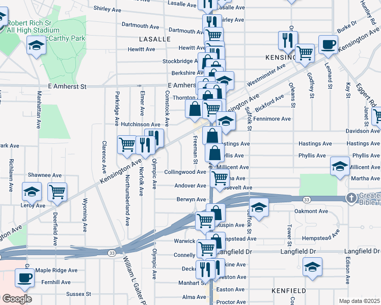 map of restaurants, bars, coffee shops, grocery stores, and more near 39 Copsewood Avenue in Buffalo