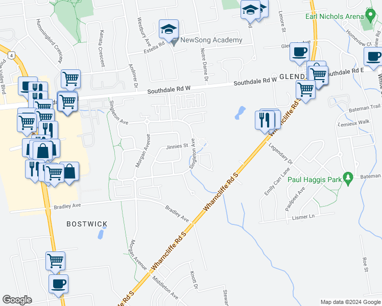 map of restaurants, bars, coffee shops, grocery stores, and more near 3311 Jinnies Way in London