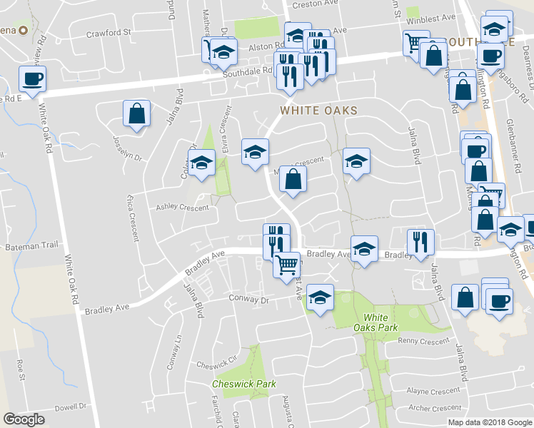map of restaurants, bars, coffee shops, grocery stores, and more near 75 Pauline Crescent in London