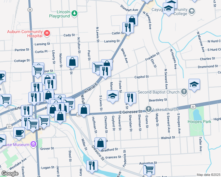 map of restaurants, bars, coffee shops, grocery stores, and more near 15 Mann Street in Auburn