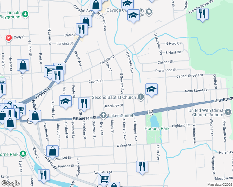 map of restaurants, bars, coffee shops, grocery stores, and more near 43 Ross Street in Auburn