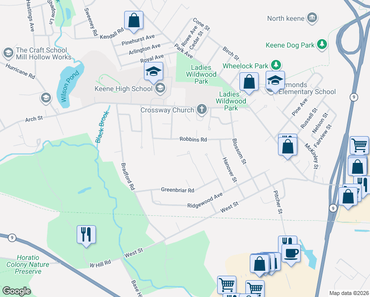 map of restaurants, bars, coffee shops, grocery stores, and more near 35 Salisbury Road in Keene