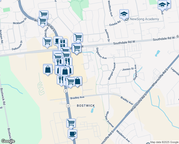 map of restaurants, bars, coffee shops, grocery stores, and more near 335 Southdale Road West in London