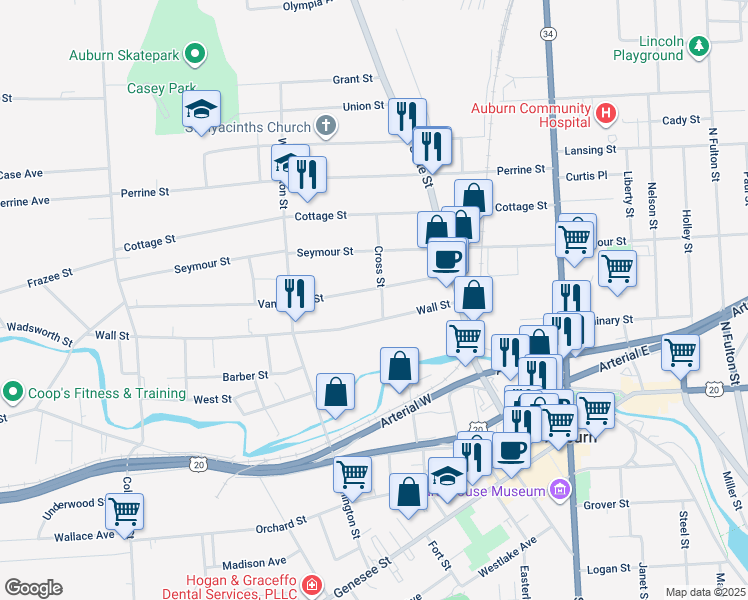 map of restaurants, bars, coffee shops, grocery stores, and more near 96-100 Van Anden Street in Auburn