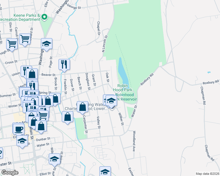 map of restaurants, bars, coffee shops, grocery stores, and more near 315 Roxbury Street in Keene