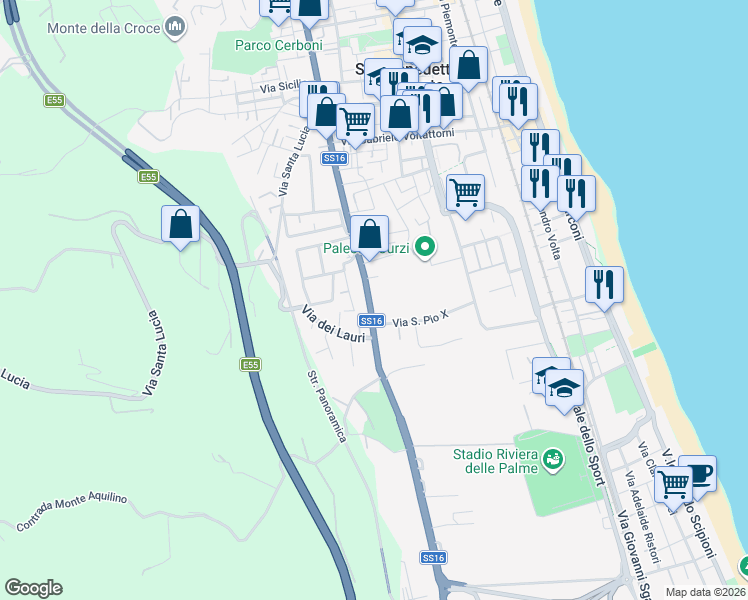 map of restaurants, bars, coffee shops, grocery stores, and more near 71 Via della Liberazione in San Benedetto del Tronto
