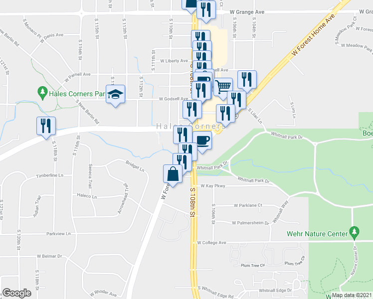 map of restaurants, bars, coffee shops, grocery stores, and more near 5961 South 108th Place in Hales Corners