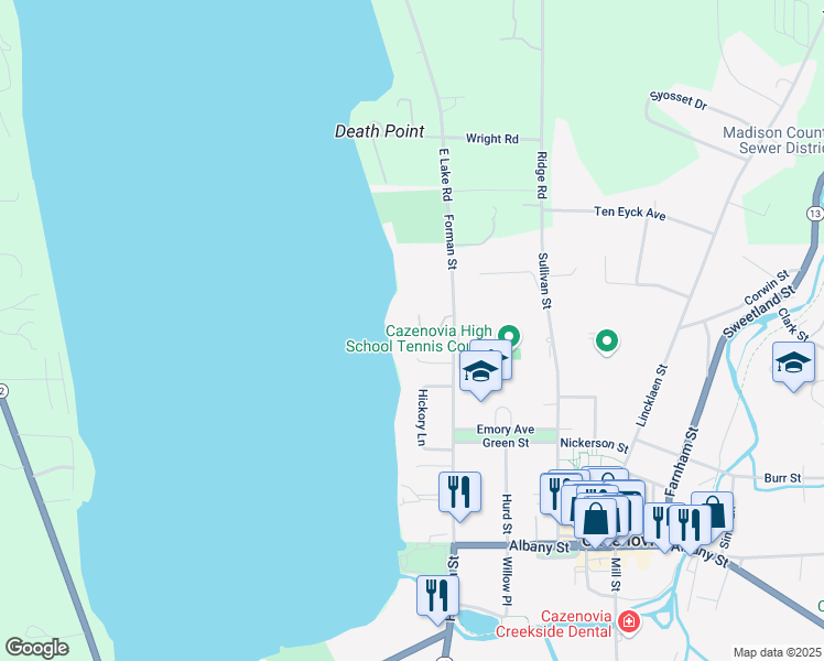 map of restaurants, bars, coffee shops, grocery stores, and more near 4 East Shore Path in Cazenovia