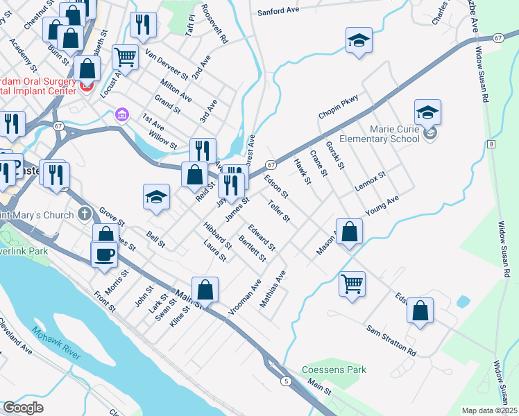 map of restaurants, bars, coffee shops, grocery stores, and more near 32 James Street in Amsterdam
