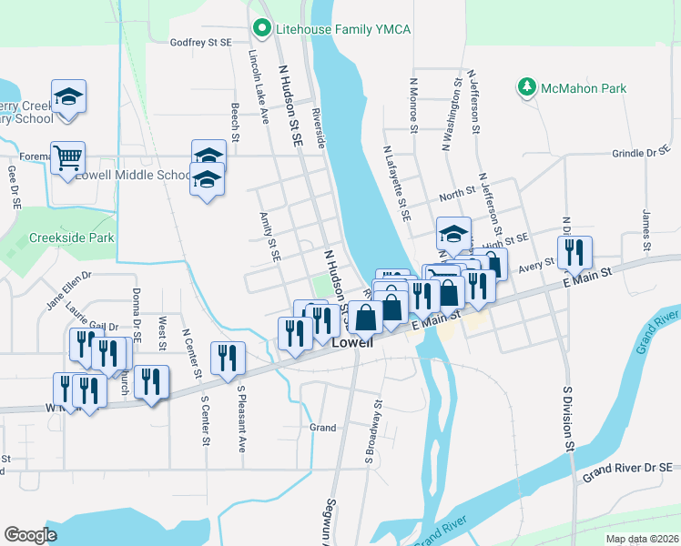 map of restaurants, bars, coffee shops, grocery stores, and more near 316 Spring St in Lowell