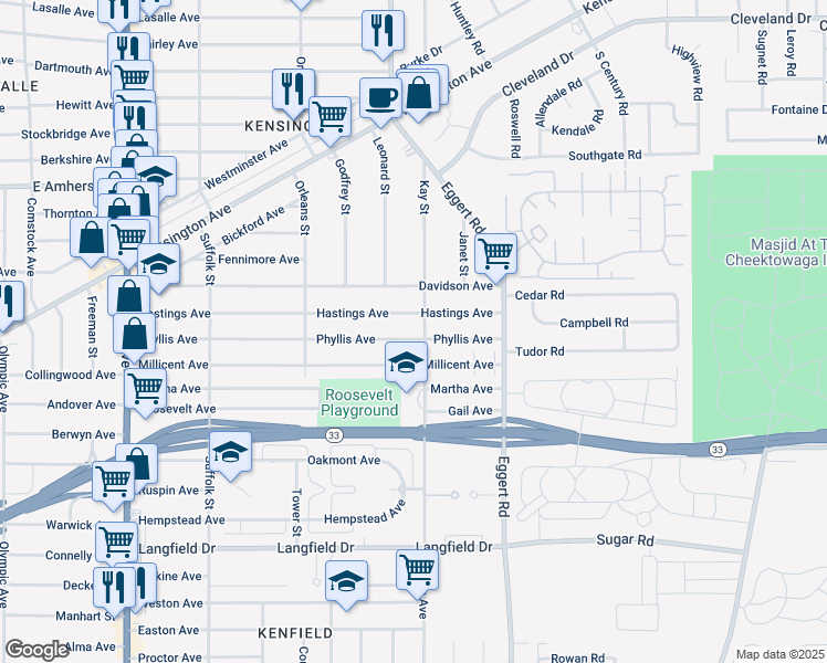 map of restaurants, bars, coffee shops, grocery stores, and more near 294 Phyllis Avenue in Buffalo