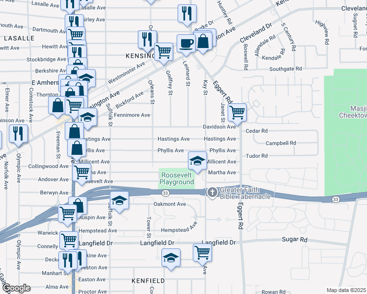 map of restaurants, bars, coffee shops, grocery stores, and more near 254 Phyllis Avenue in Buffalo
