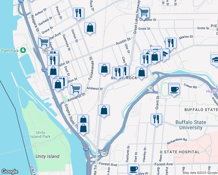 map of restaurants, bars, coffee shops, grocery stores, and more near 201 Amherst Street in Buffalo