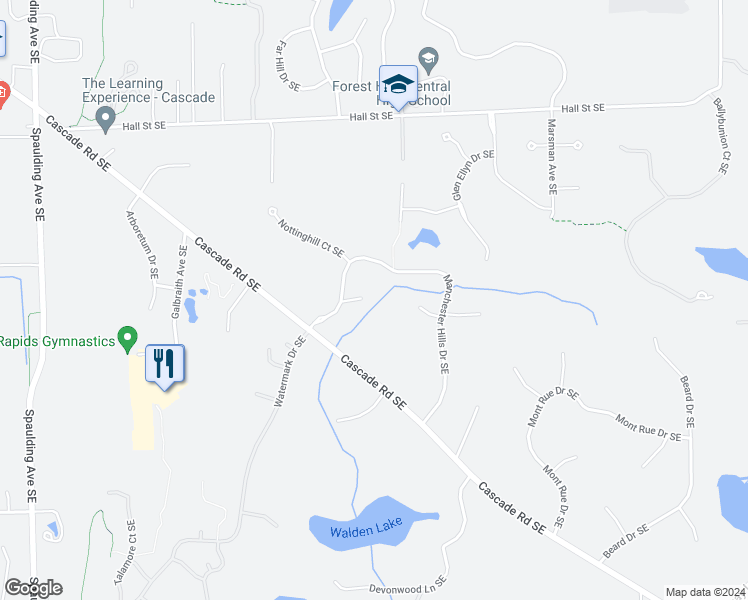 map of restaurants, bars, coffee shops, grocery stores, and more near 5712 Manchester Hills Court Southeast in Grand Rapids