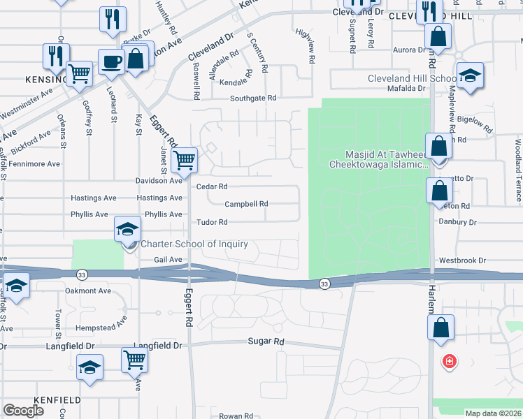 map of restaurants, bars, coffee shops, grocery stores, and more near 105 Campbell Road in Buffalo