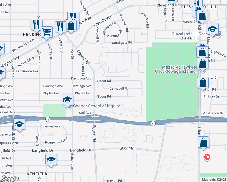 map of restaurants, bars, coffee shops, grocery stores, and more near 65 Campbell Road in Buffalo