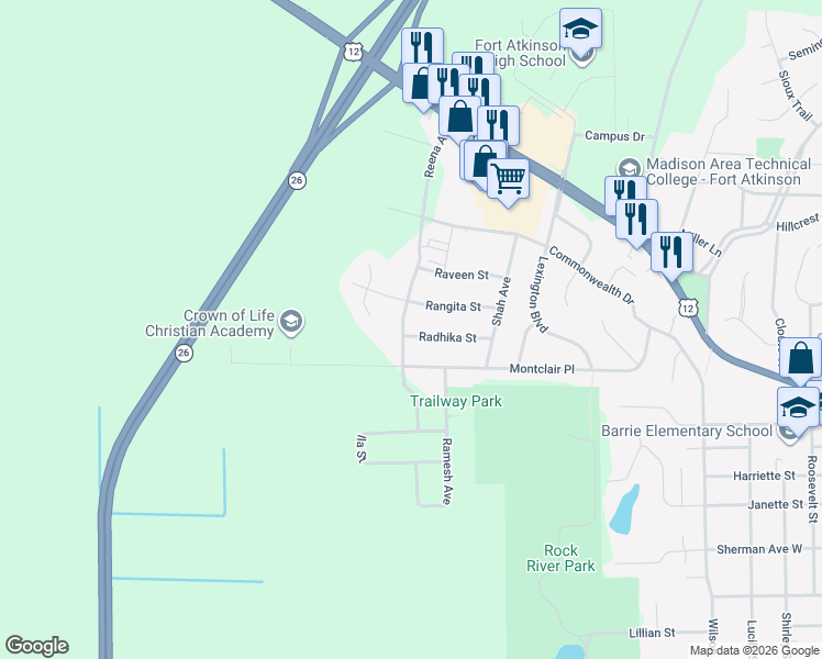 map of restaurants, bars, coffee shops, grocery stores, and more near 1540 Radhika Street in Fort Atkinson