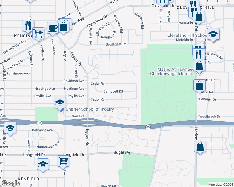 map of restaurants, bars, coffee shops, grocery stores, and more near 105 Campbell Road in Buffalo