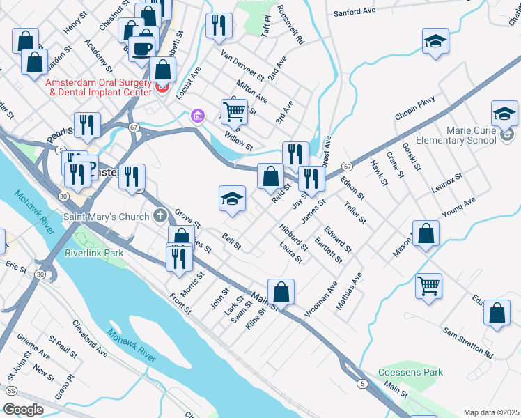 map of restaurants, bars, coffee shops, grocery stores, and more near 36 Reid Street in Amsterdam